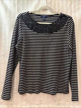 Chaps Black and White Striped Long Sleeve Top with Lace Yoke